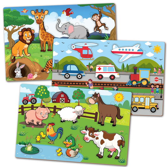 3 in 1 Wooden Puzzles for Kids above 1 Year Old | Farm Animal Puzzles | Transport Puzzles | Wild Animal Puzzles